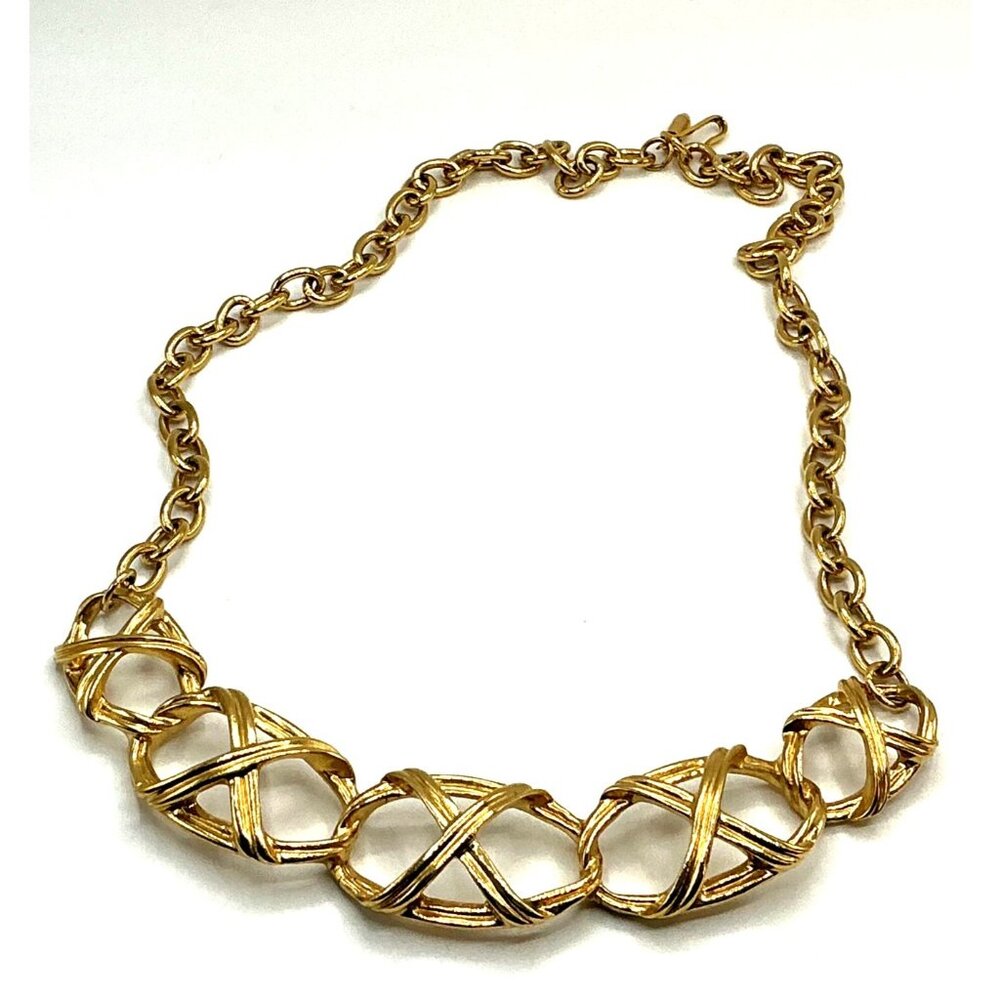 Vintage Gold-Tone Woven Link Chain Necklace With Adjustable Clasp